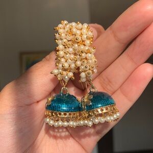 White Pearl and Teal Jhumka Earrings